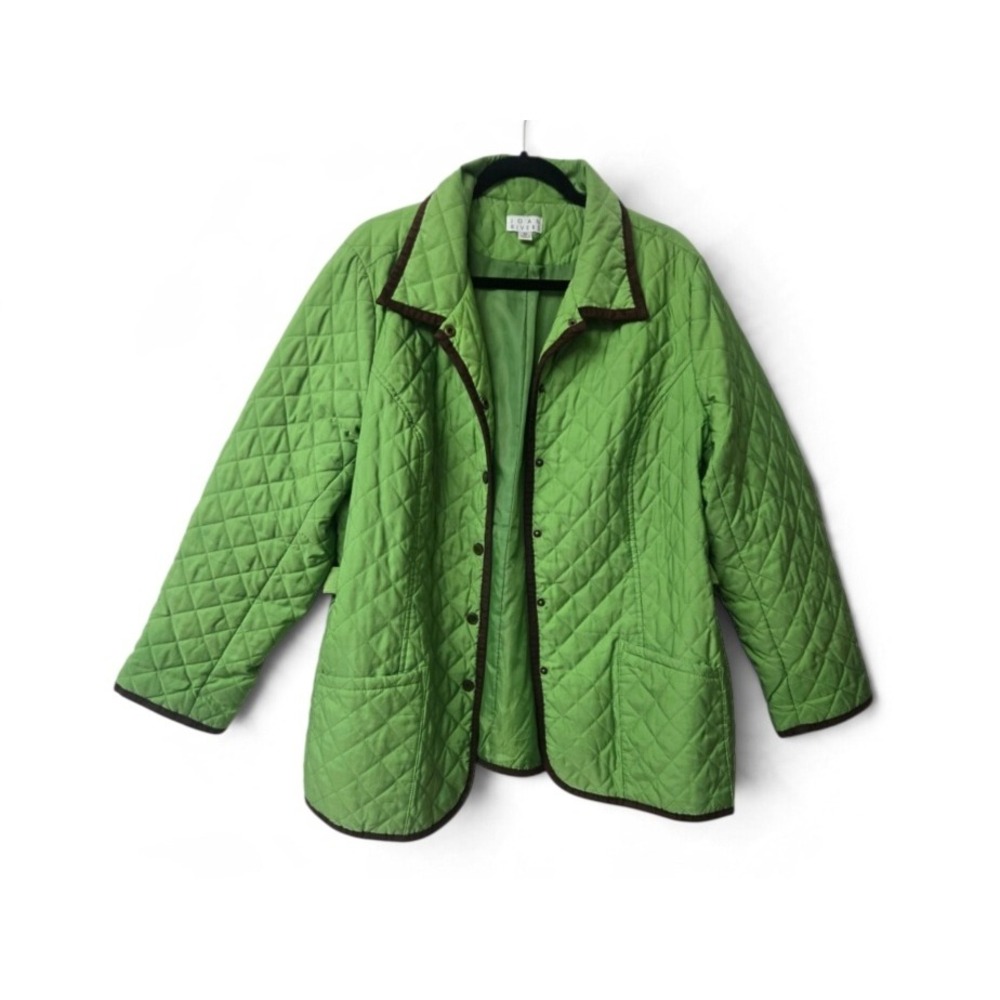Joan Rivers Green Quilted Barn Jacket Brown Trim Plus Size 2X Diamond Quilt Coat